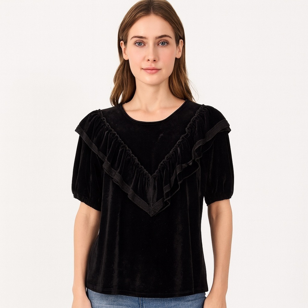 NWOT POL Black Velvet Ruffle Blouse, Size Small